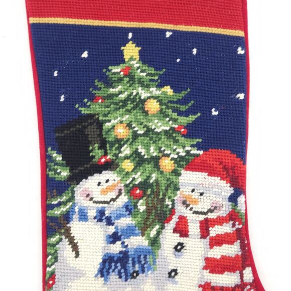 Christmas Stocking Snowman Needlepoint Wool Red Stuffer Holiday Mantel Decor 20" - Picture 3 of 9